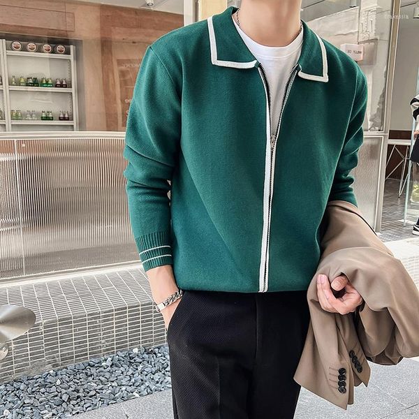 Мужские свитера зеленый ретро -элегантный мужской вязаный кардиган винтажный британский стиль джентльменская зимняя одежда 2022 Красивая корейская мода