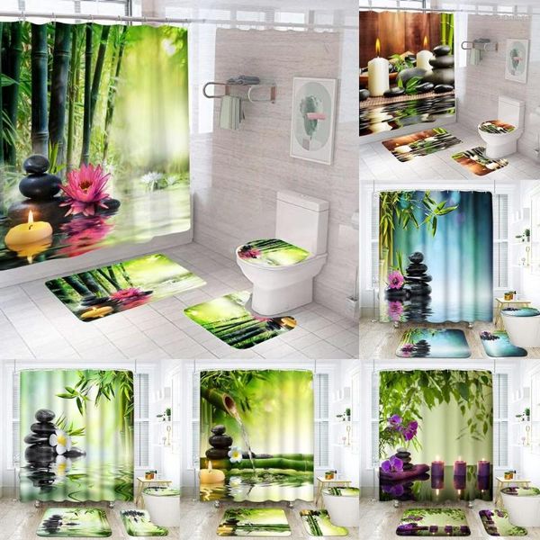 Tende da doccia Bambù verde Nero Zen Lake Stones Set di tende Tappeto antiscivolo Copriwater Coperchio Tappetino da bagno Candela Lotus Decorazioni per il bagno