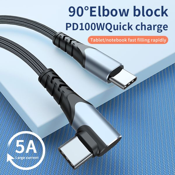 PD 100W USB Type C Cabos de carregamento rápido Cotovelo de linha de 90 graus Fio Carregador para laptop de jogos Huawei