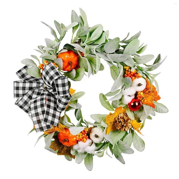 Flores decorativas Wreath Wreath Fall Pumpkin Sign com a porta da colheita de gravata borboleta Ação de Graças para casa interior