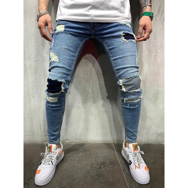 Jeans masculinos jeans skinny homens esticados slim fit rasgado angustiado zíper preto joelho hole jeans jeans casuais motocicletas jeans 221008