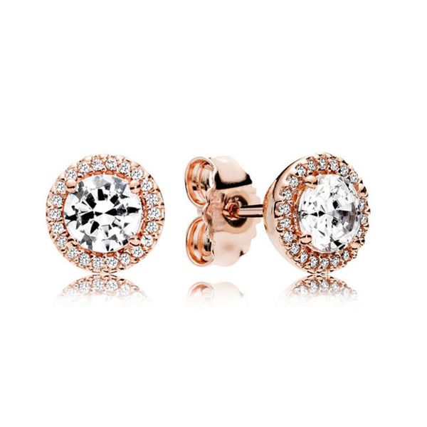 Rose Gold Round Sparkle Halo Stud Brincha Jóias de festa de hip hop Para homens com caixa original para Pandora 925 Brincos de prata esterlina