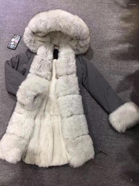 Parka scozzese lungo grigio pelliccia da donna Donna Uomo Fodera e rifinitura Rex Soprabito Spesso Abbigliamento caldo