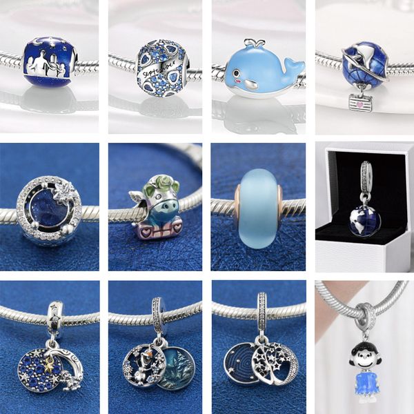 925 Sterling Silver Ciondola Charm Donna Perline Gioielli di alta qualità Regalo Commercio all'ingrosso Blue Night Sky Stella scintillante Moon Bead Fit Pandora Bracciale fai da te