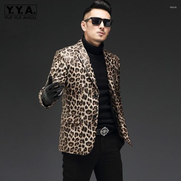 Мужские костюмы Top Brand Fashion Leopard Mens подлинный кожаный блейзер