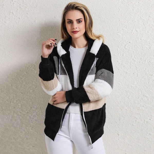 Kadın Ceketler Kış Kışları Ceket Sıcak Peluş Sıradan Gevşek Kapüşonlu Ceket Karışık Renk Patchwork Out Giyim Sahte Kürk Fermuar Bayan Parka Coat T221008