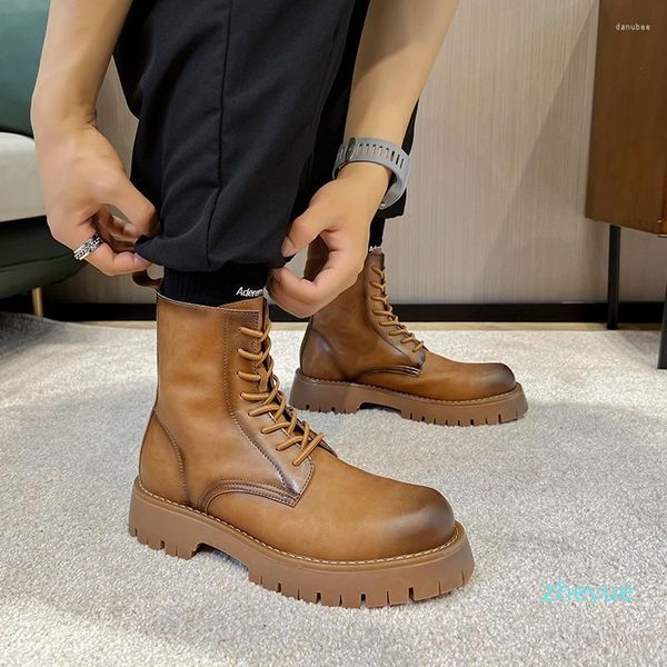 Botlar Erkekler Lüks Moda Motosiklet Siyah Kahverengi Orijinal Deri Ayakkabı Kovboy Platformu Boot Yakışıklı Uzun Botalar Hombre