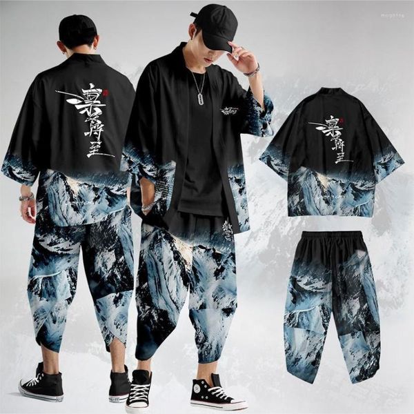 Calça masculina japonesa roupas tradicionais chamas impressão quimono homens retrô yukata moda asiática tang terno harajuku hanfu jaqueta