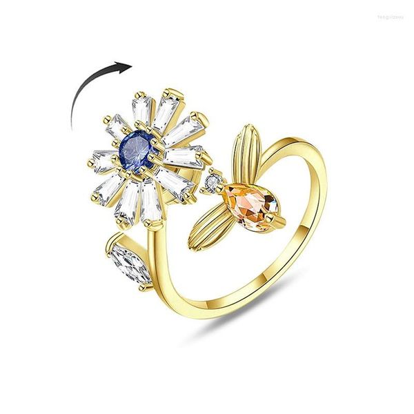 Anelli di cluster Bohemian Daisy Bee Ansia Ring per donne Adolescenti Spinner Regolabile Fidget Real 18K Gold Oro Coppa Zircone Fare di matrimonio festa