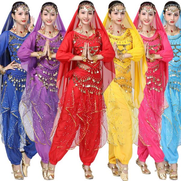 Stage Wear Set di costumi di danza del ventre Bollywood Gonna di danza orientale Donne adulte Set di 4 pezzi Top Pantaloni Testa Scraf Catena in vita