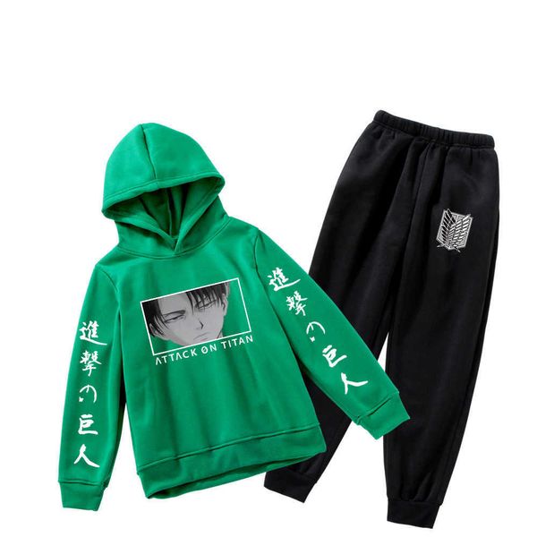 Men's Tracksuits Autumn Anime Attack em moletom verde e calça preta Duas peças Kids Sets casual meninos meninas molhos de capuzesweatpants G221010