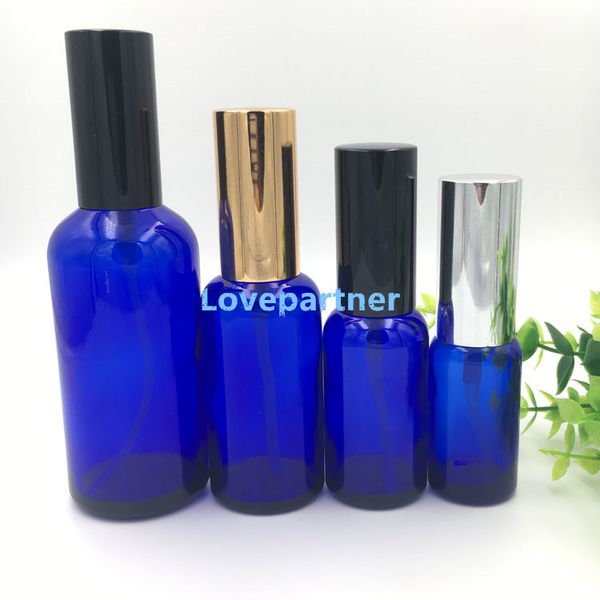 Blaue Glassprühflasche 20 ml 30 ml 50 ml 100 ml Großhandel Parfümflaschen für ätherische Öle mit schwarzem Silbergoldverschluss