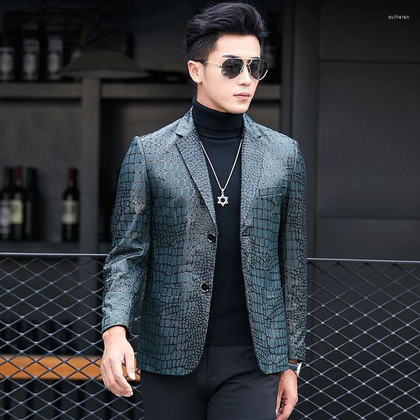 Ternos masculinos 2022 Men's Spring Autumn Autumn Jackets de couro impresso masculino Slim Single Bressoted Coats Men Genuine Sheepskin Outerwear N117