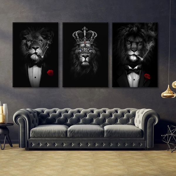 Pinturas de arte de parede Macaco de leão tigre fumando pôster antropomórfico Pintura de tela de animais para sala de estar Decoração decorativa Decoração