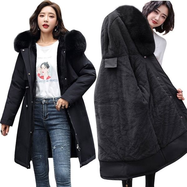 Piumino da donna Parka Moda Fodera in velluto Giacca invernale da donna Grande cintura di pelliccia Cappotto femminile con cappuccio Slim Capispalla caldo 221008