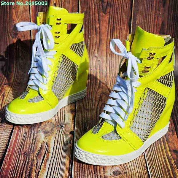 Mesh Lace Up Wedges Pumps Mixed Colors Ankle Cross Tied Back Zipper Women Summer Spring Party Dress Sneaker Shoes
