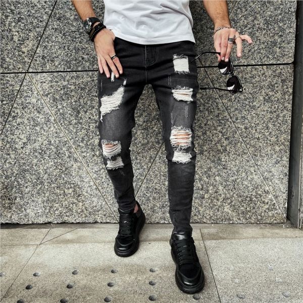 Erkekler kot moda orta bel skinny jeans erkekler vintage sıkıntılı elastik yok edilmiş kalem pantolon siyah gündelik büyük yırtık kot 221008