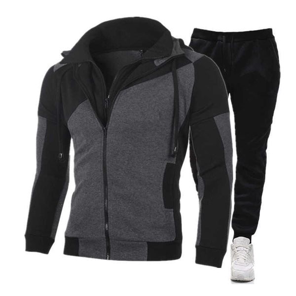 Erkek Trailsits Sıradan Pantolon Set Sonbahar Kış Moda Kore Tarzı Kapşonlu Fermuar Uzun Kollu Sweatshirt G221007