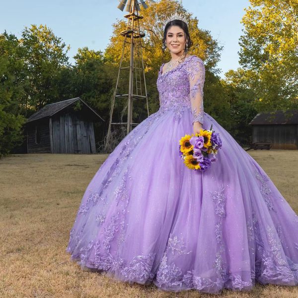 Mor Quinceanera Tatlı 16 Elbise Balo Kıyafetleri Boncuklar Uzun Kollu Mezuniyet Balosu Vestidos De 15 Anos