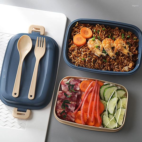 Geschirrsets 980 ml Hermetische Lunchbox Tragbare Gitter mikrowellenübergreifende Bento mit Gabellöffel Frischhalte Beutel Student Frosted Oberfläche