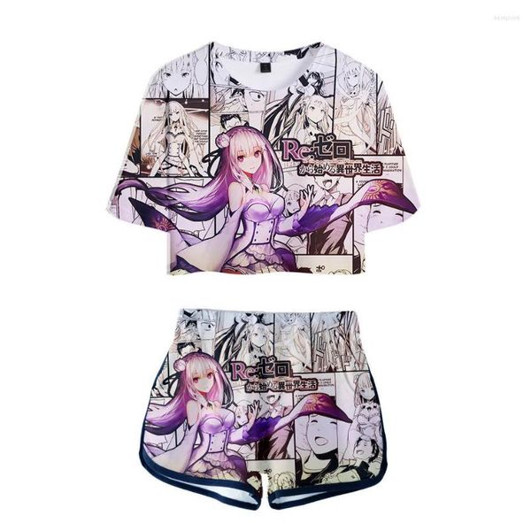 Kadın Tişörtleri Kadınlar Elite Anime Remlam Kız T-Shirt Shorts Pants Göbek Düğmesi Sporlar Kısa Kollu Yeniden Sıfır Sıfır Seksi İki Parçalı