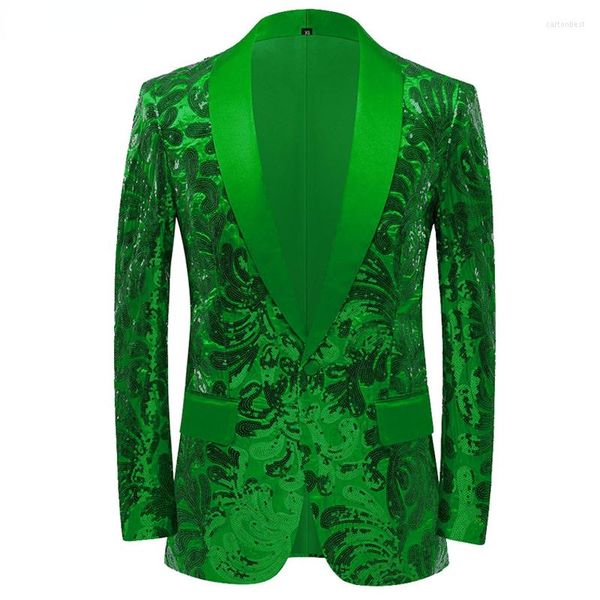 Ternos masculinos masculinos brilhantes lantejoulas verdes blazer 2022 Stylsih Shawl Gollar um botão Tuxedo Floral Sonos Jaqueta Partido Costume do Groom Homme