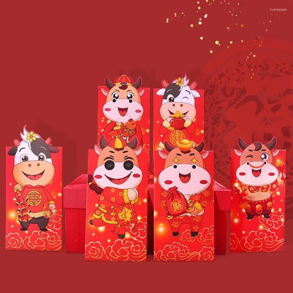 Confezione regalo 6 pezzi di carta patinata busta rossa simpatico cartone animato bue Hongbao pacchetto di soldi per il 2022 anno augura buona fortuna kit