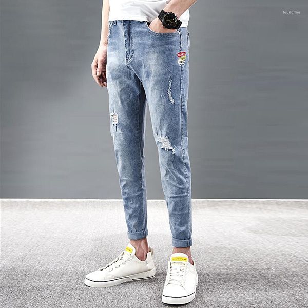 Männer Jeans Frühling Sommer Koreanische Cowboy Denim Mann der Elastische Kleine Füße Ripped Löcher Casual Knöchel Länge Hosen Männer der Hombre