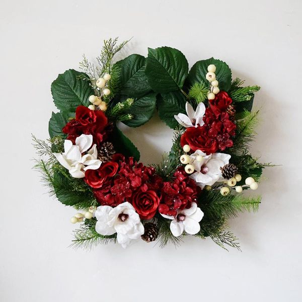 Flores decorativas Simulação de guirlanda de natal Garland folha verde coragem de pinheiro decoração de porta de agulha pingente de flor vermelha de flor branca parede