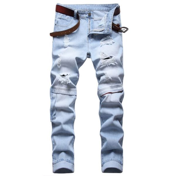 Jeans masculino Biker Jeans Men Angustado Ripped Hip Hop Straight Slim Fit Hole Punk Denim Cotton Ponts Knee Zipper Decorate 221008