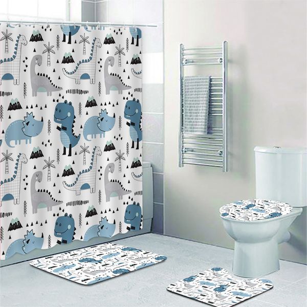 Tende da doccia Childish Cartoon Dinosaur Pattern Tenda da bagno Set di tende da doccia Simpatici tappetini da bagno Dino Art per WC per bambini Cortina 221008