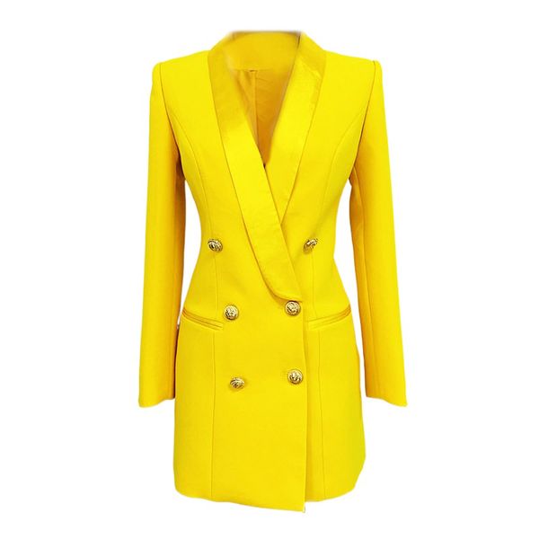 Ternos femininos Blazers Vestido de blazer longo Amarelo jaqueta de primavera Mulheres de peito duplo Button Gold Setin Collar Women Blazer Suit de alta qualidade 221008