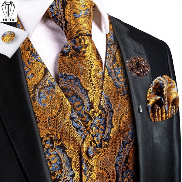 Herrenwesten Hi-Tie Orange Braun Gold Blau Rot Seide Herren Jacquard Weste Krawatte Einstecktuch Manschettenknöpfe Brosche Set für Männer Hochzeit Büro