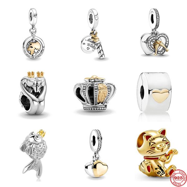 925 Sterling Silber baumelnder Charm-Anhänger für Damen, hochwertiger Schmuck, Geschenk, Großhandel, zweifarbig, Spinning World Swan Fish baumelnder Bead, passend für Pandora-Armbänder zum Selbermachen