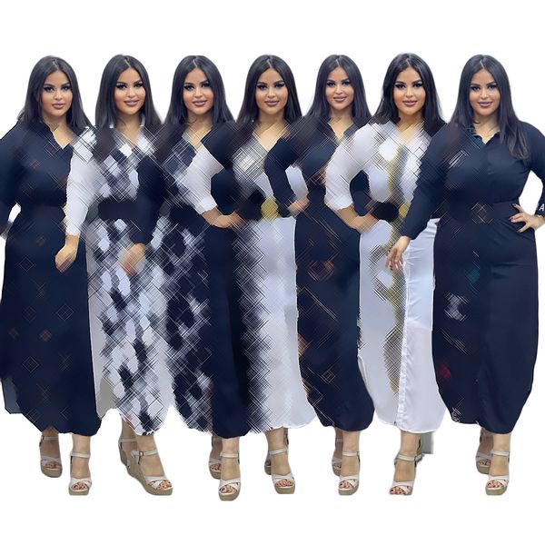 Q6063 Moda Digital Print Maxi Dress for Women Long Slave Cardigan Bot￣o Lappel Loose Marca casual Vestidos grandes sem cinto