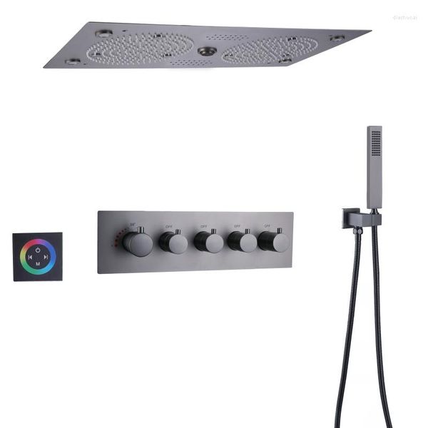 Bathroom chuveiro conjunto de armas Grey Termostatic Top Conjunto 620 320mm LED com bico de mão multifuncional de música