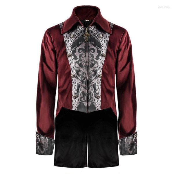 Herren Trenchcoats Roter Samt Umlegekragen Langarm Reißverschluss Vintage Mantel Herren Gothic Kleidung Mittelalter Steampunk Kostüm Halloween Cosplay