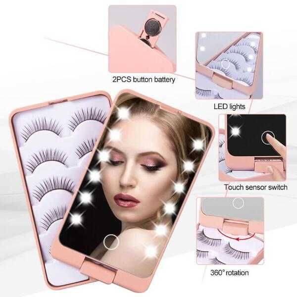 Lady dobring LED Makeup Mirror com bandeja de lashe 5 pares/conjunto de cílios falsos caixa de embalagem sensor de toque 12 luzes espelhos cosméticos para maquiagem