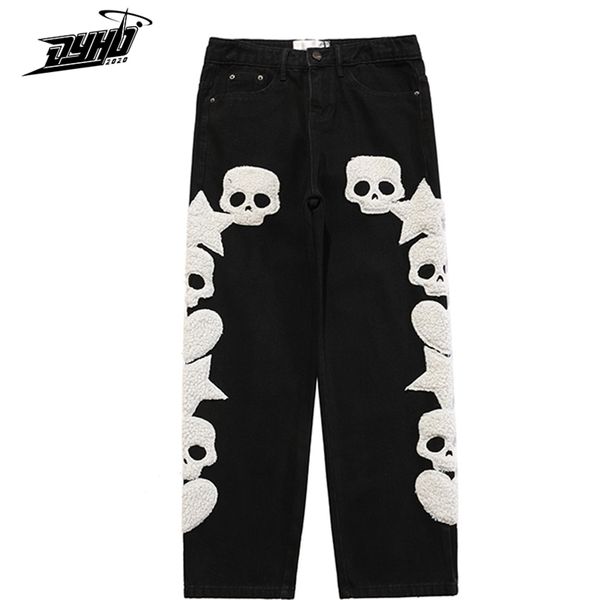 Jeans da uomo Vintage Pocket Skull Ricamo Pantaloni cargo dritti Uomini e donne Jeans oversize Pantaloni Harajuku Streetwear Denim Pants 221008