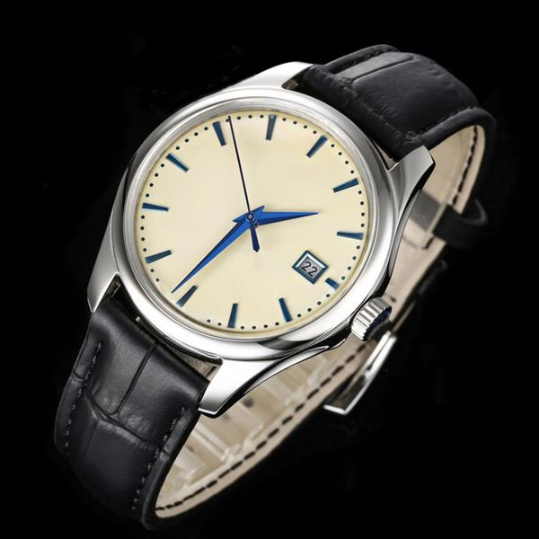 Masculino cavalheiro clássico couro de vaca banda 39mm ligeiramente convexo azul tesouro relógios espelho design relógios mecânicos presente para homem