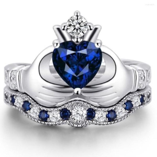 Anéis de casamento Dorvey moda reino de dupla camada azul coroa coroa coroa anel de mão segurando jóias por atacado para mulheres acessórios