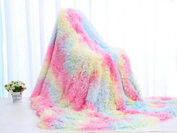 Двойное слое одеяло зимнее уютное теплое длинное плюшевое одеяло для радуги для дивана для дивана красочное пушистое пушистое окрашивание