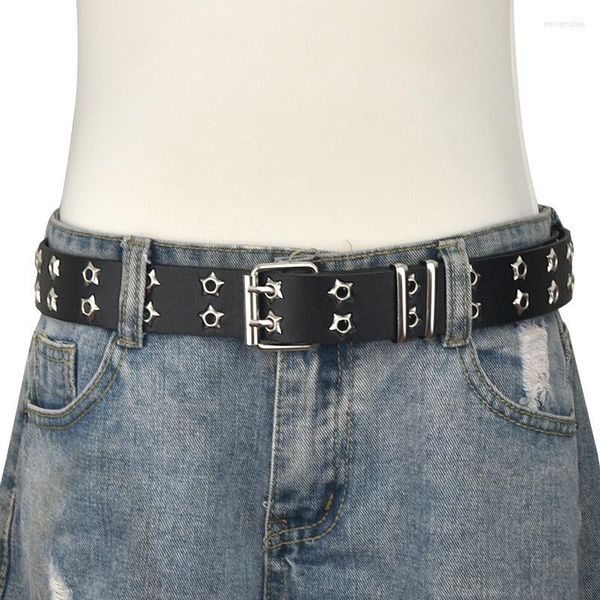 Belts Y2k Women Star Eye Rivet Belt Double Row Hole Punk Waist Strap Hollow Out PU Leather Jeans Decorative Fashion Waistband