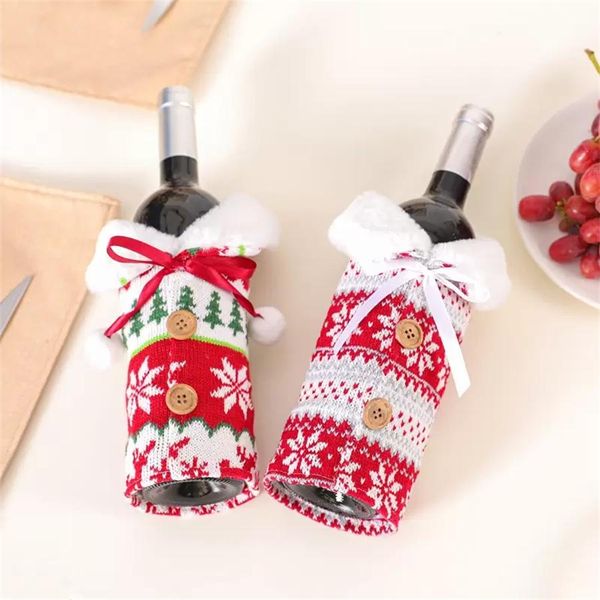 Novo 2023 Christmas Knit Wine Bottles Capas de vinhos de ￡rvores de floco de neve capa com capa de cerveja Bowknot Capinha de Xmas Home Decoration Rre14815