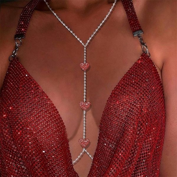 Altri sexy tre cuori rossi collana di cristallo catena della vita della pancia per le donne petto gioielli catena del corpo con collo abbigliamento decorazione 221008