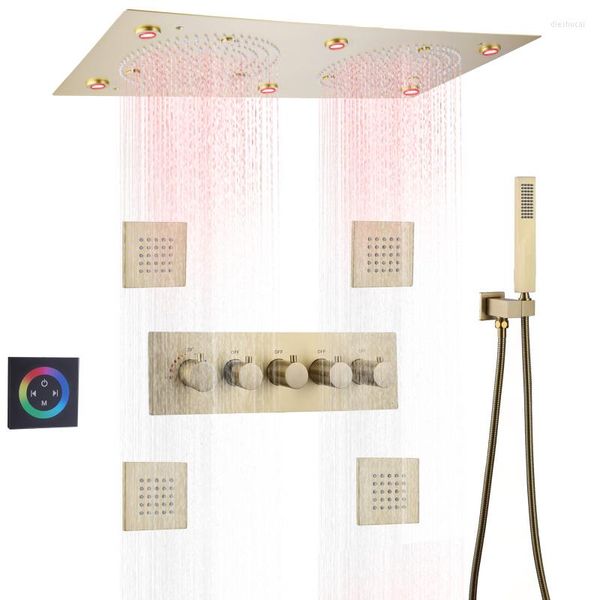 Badezimmer-Duschsets, luxuriös, gebürstetes Gold, Thermostatkopf-Set, 62/32 cm, LED-Regenwasserhahn mit Handheld