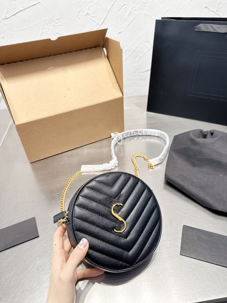 Bolsas cosméticas Casos Luxo Vinyle Round Camera Bag em Chevron Acolchoado Grão de Poudre Couro Em Relevo Crossbody Designer Chain Sh263e