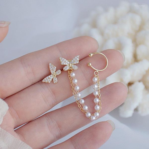 Rücken Ohrringe Clip-on Schraube Zurück Koreanische Temperament Perle Schmetterling Ohr Knochen Clip Gold Farbe Bling Delite Zirkon Ohrring Hochzeit braut