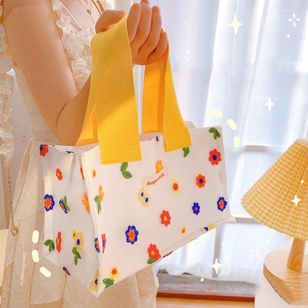 Lagerung Taschen Kawaii Blume Koreanische Mittagessen Tasche Für Büro Frauen Mädchen Männer Tragbare Picknick Beutel Schule Lebensmittel Bento Leinwand Tote