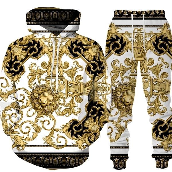 Мужские спортивные костюмы Золотая шаблона цепь 3D -печатные брюки с капюшоном устанавливают негабаритный уличный стиль пултрерузы для мужчин. Мужская одежда 221008